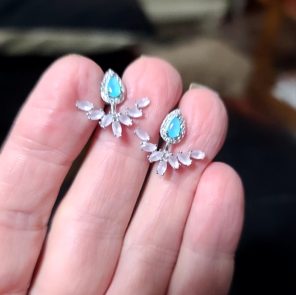 Pink & white Topaz & Aquamarine Sterling ornate earrings - Picture 2 of 7